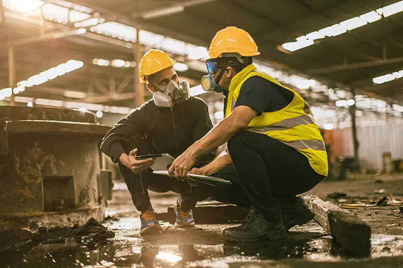 Industry environment impact inspector team investigating a dangerous gas leak with respirators on